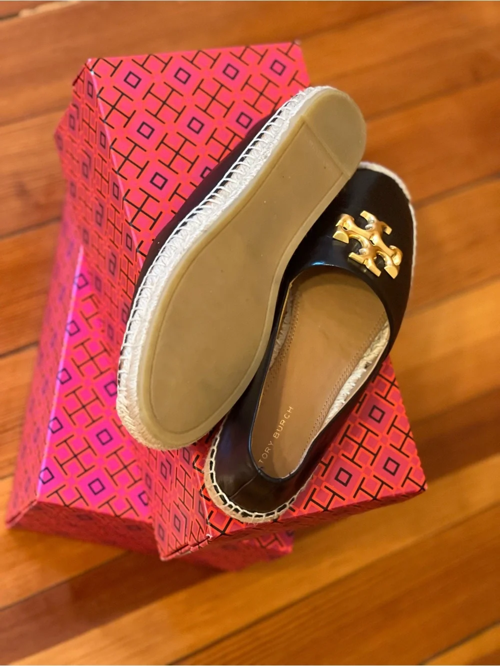 Tory Burch Black Leather Espadrille Flats with Gold Logo